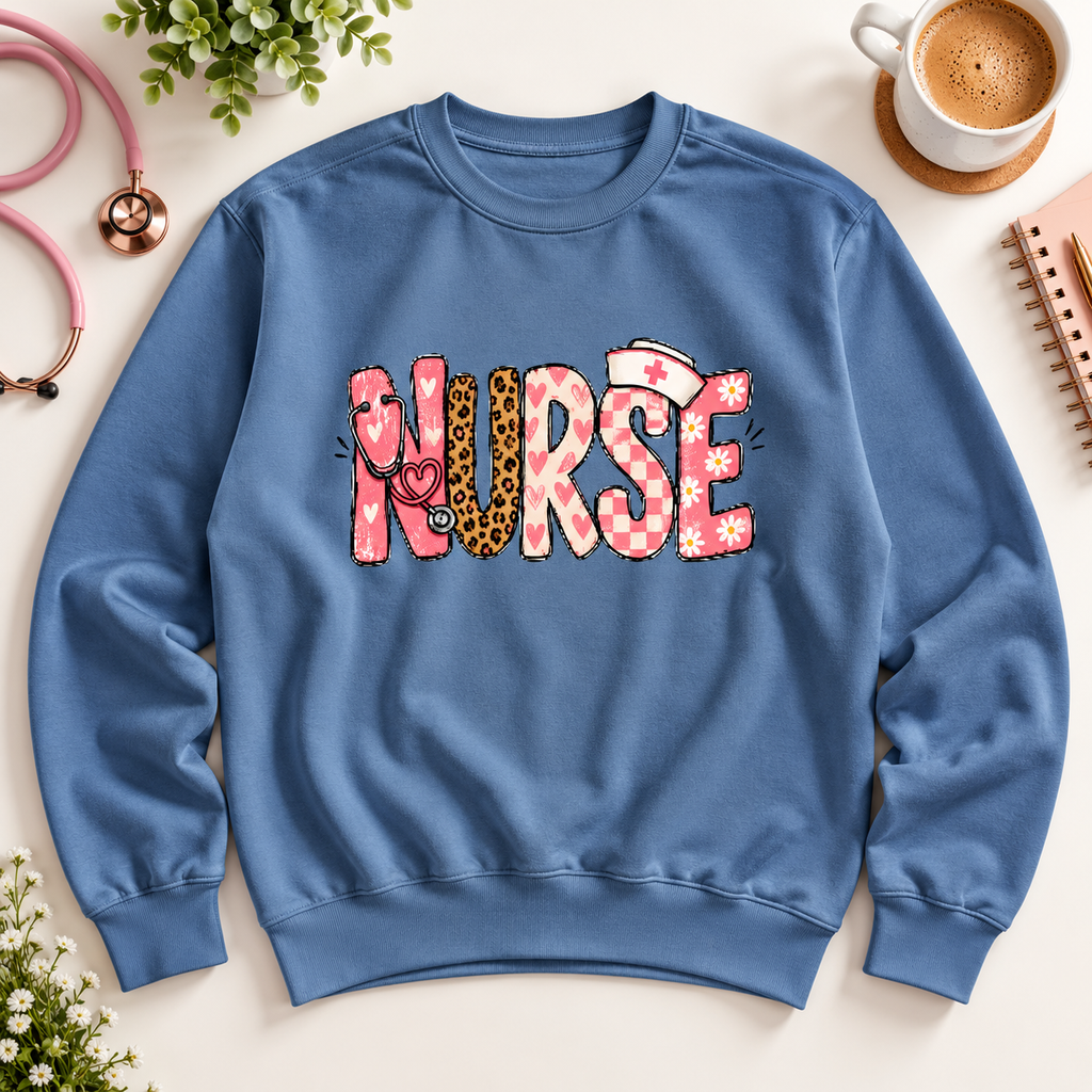 Blue Jean nurse sweatshirt with colorful NURSE lettering, leopard print, pink hearts, flowers and stethoscope design