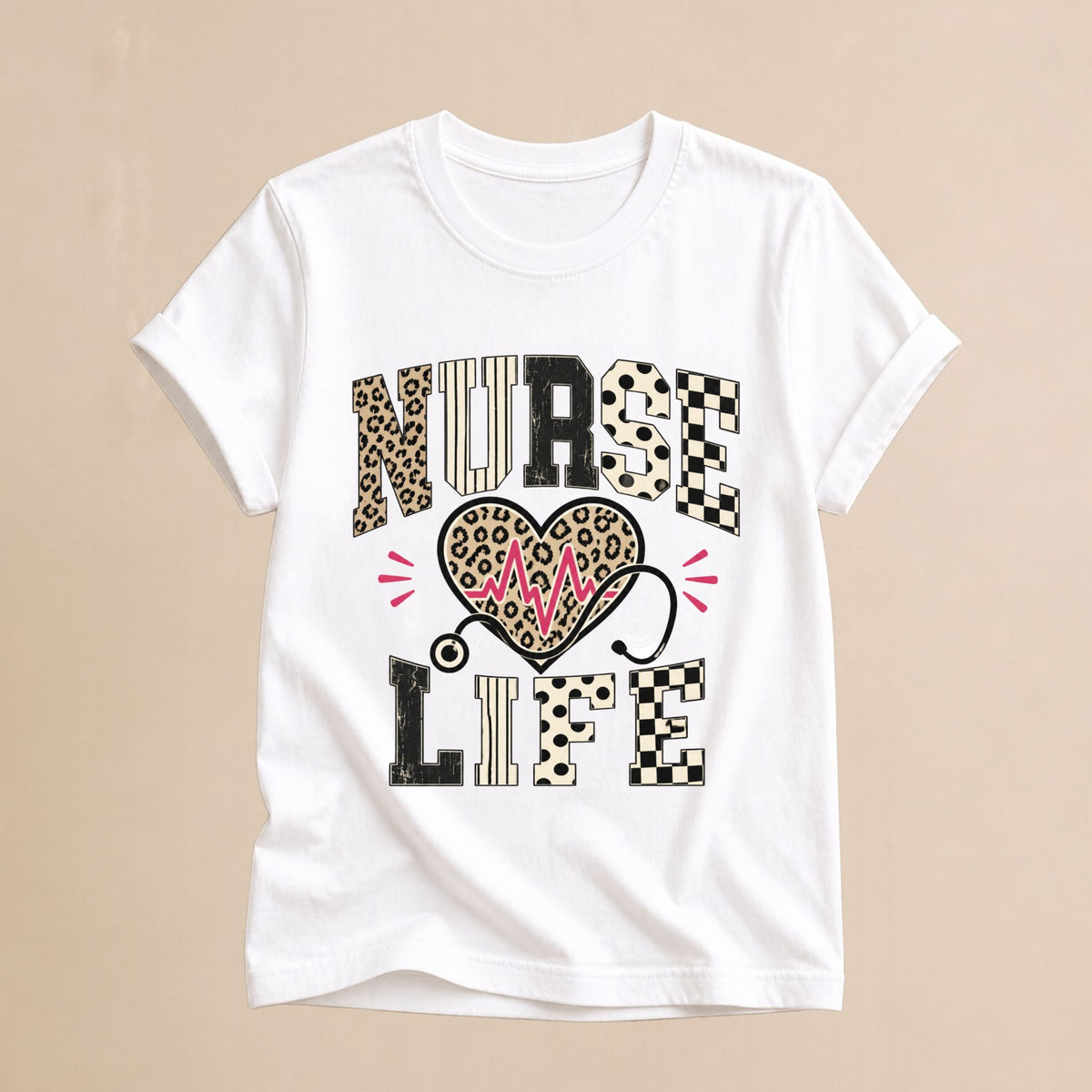 White Nurse Life shirt with leopard print heart, pink heartbeat, stethoscope and patterned lettering